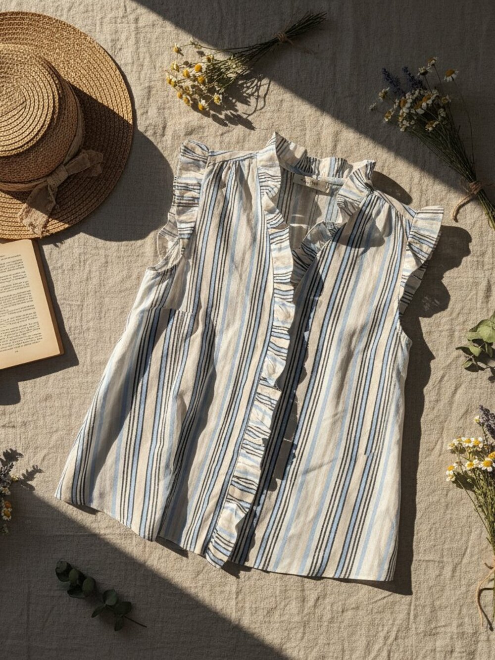 Mexx White Blue Stripe Ruffle Collar Babydoll Blouse Flutter Sleeve Size